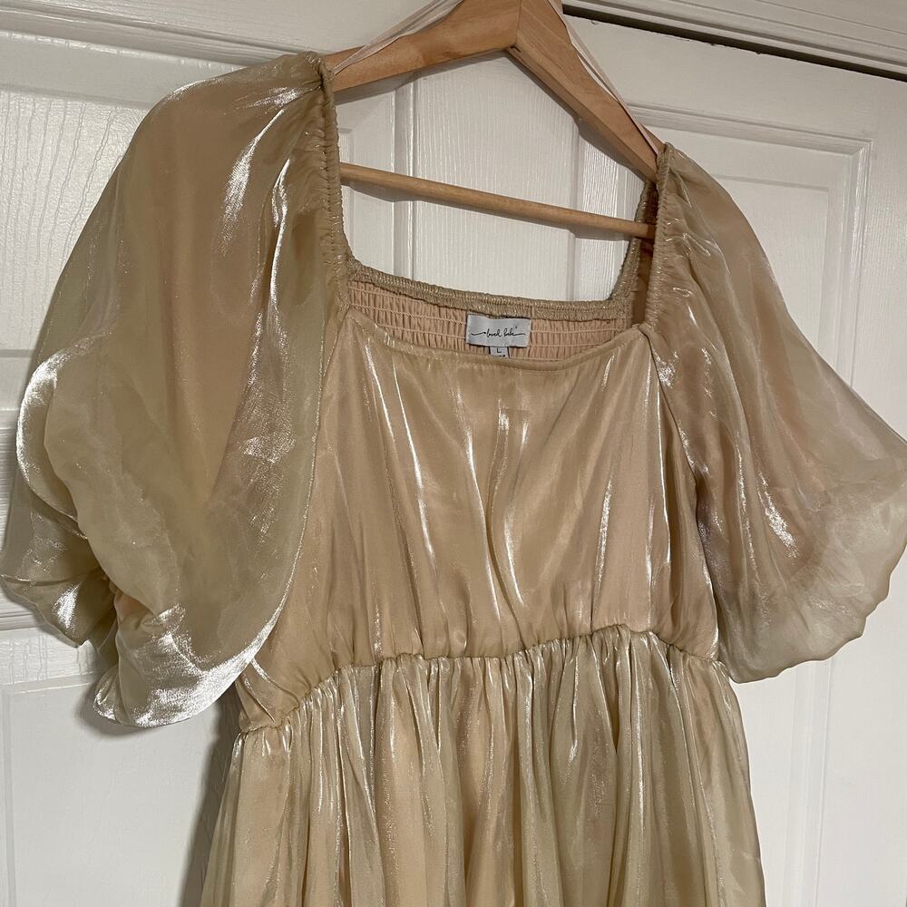 One Loved Babe Champagne Puffed Sleeve Ruffle Babydoll Coquette Short Dress L